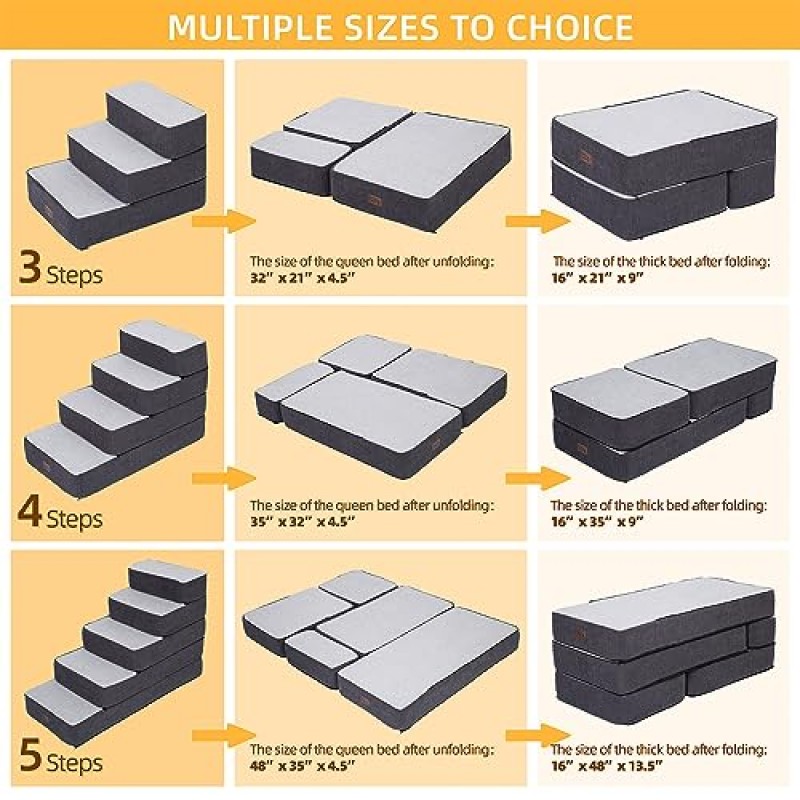 작은 개를 위한 Pettycare 개 계단, 높은 침대 소파 및 의자를 위한 스티칭 폼 애완 동물 계단, DIY 애완 동물 계단 대형 개와 고양이를 위한 미끄럼 방지 접이식 개 계단, 2단계, 회색