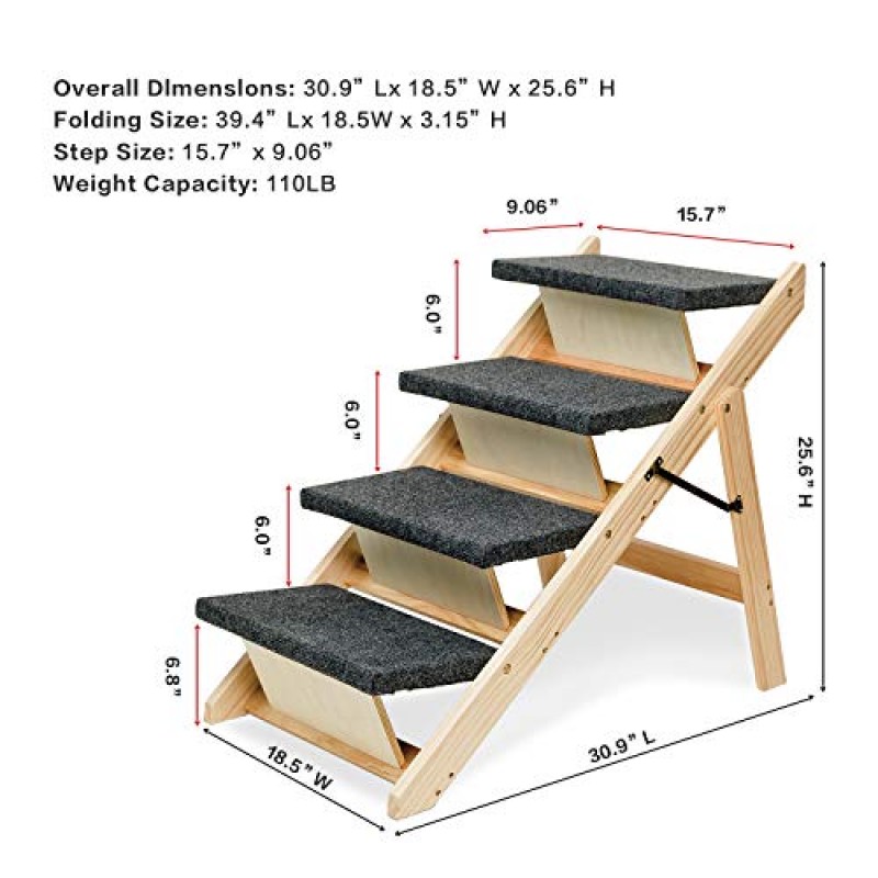 MEWANG 나무 개 계단/계단 - 접이식 4층 애완동물 계단 및 경사로 침대 및 자동차에 적합 - 최대 110파운드의 휴대용 개/고양이 사다리