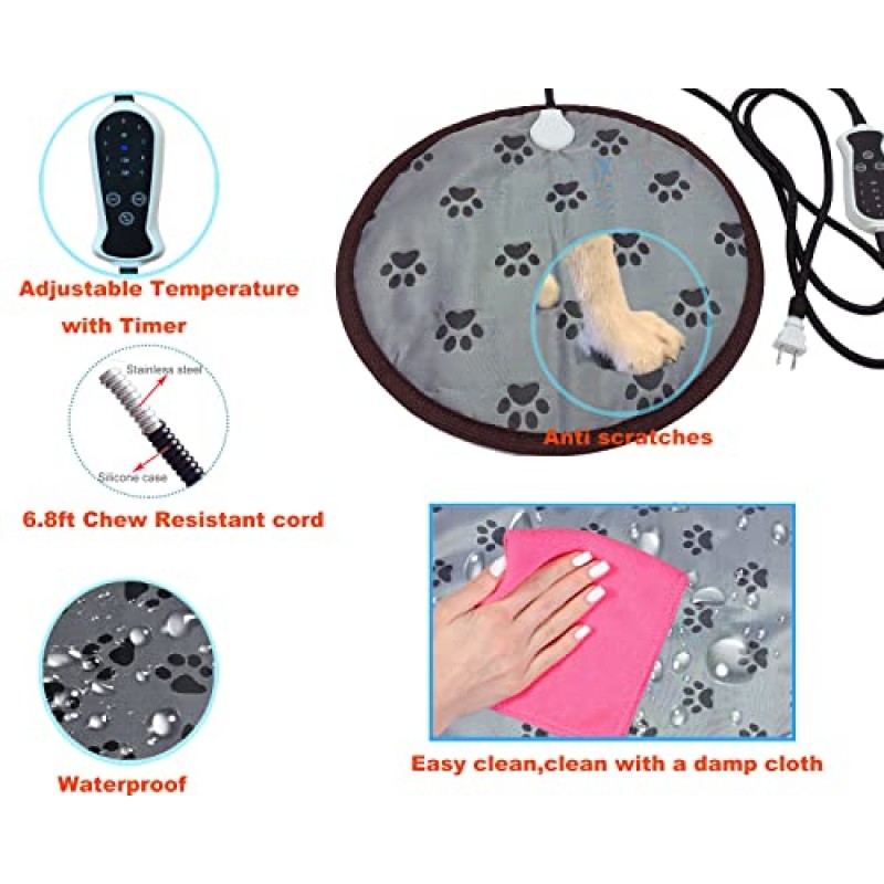 작은 개를위한 DEOMAN 애완 동물 난방 패드 고양이 난방 패드 온수 고양이 침대 타이머가있는 전기 개 난방 패드 조절 가능한 온난화 매트, 씹기 방지, 간편한 청소, Round-D16 인치