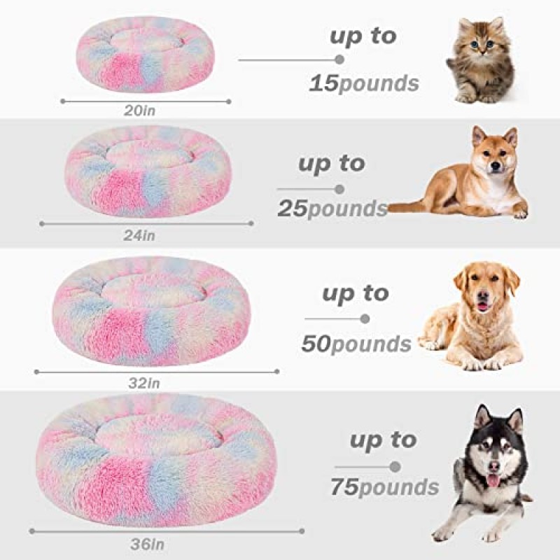 Patas Lague 소형견을 위한 진정 소형견 침대, 따뜻하고 부드러운 도넛형 고양이 침대, 푹신한 인조 모피 봉제 애완동물 침대, 겨울과 가을을 위한 세탁 가능한 불안 방지 원형 포옹 쿠션 침대(24인치, 혼합 무지개)