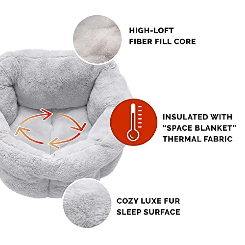 Furhaven 20인치 실내 고양이 및 소형견용 원형 자가 보온 애완동물 침대, 100% 세탁 가능, 최대 20lbs의 애완동물용 - Hi Lo 플러시 Luxe 인조 모피 포옹기 - 회색, 소형