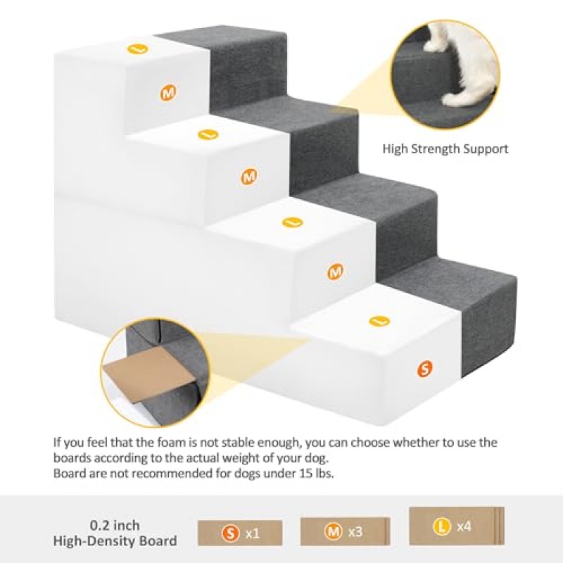 스테드 개 계단, 애완 동물 계단 4단계, 침대용 고밀도 폼 개 계단, 판지가 있는 미끄럼 방지 접이식 애완 동물 계단, 탈착식 세탁 가능 커버, 부상당한 나이든 소형견 고양이에 이상적, 회색
