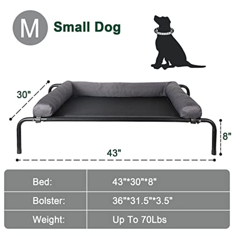 높은 개 냉각 침대 유아용 침대 제기 씹기 방지 Outdooe Proof 초대형 개용 애완 동물 침대 이동식 볼스터, 통기성 메쉬, 미끄럼 방지 피트가있는 휴대용 개 침대, 회색, 43 인치