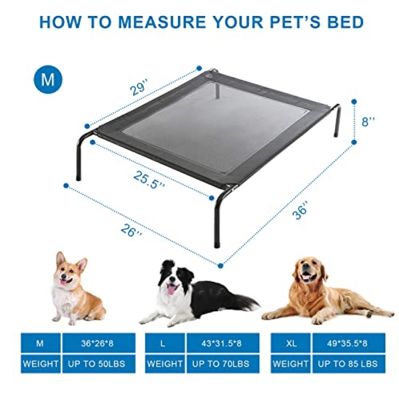 높은 개 침대, 대형 중형 소형견을 위한 서부 가정용 기중 개 침대 침대, 통기성 메쉬, 내구성 프레임 및 미끄럼 방지 발이 있는 실내 및 실외용 휴대용 애완 동물 침대