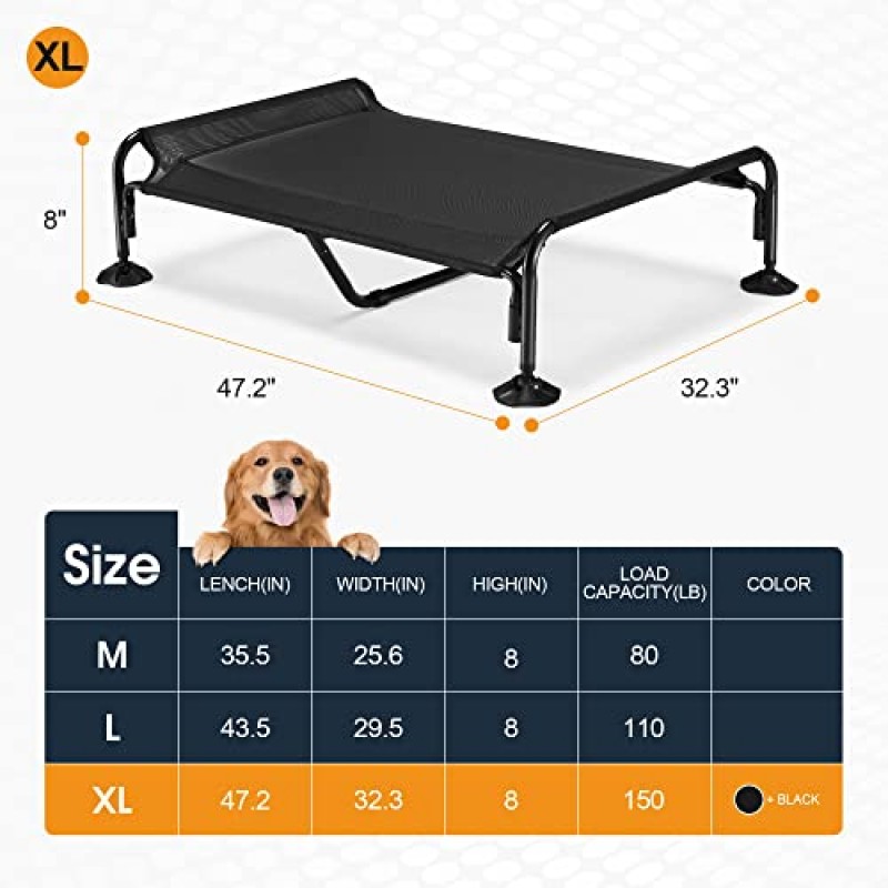 Hombanyan 높은 야외 개 침대, 대형 개용 방수 제기 개 침대, 통기성 및 세척 가능한 메쉬, 미끄럼 방지 대형 발이 있는 냉각 높은 개 침대, 조립 용이, XL-검정색