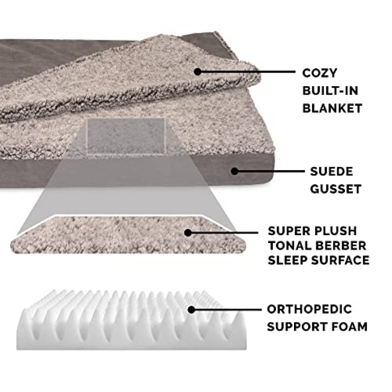 Furhaven 대형/중형견용 정형외과용 개 침대, 탈착식 세탁 가능 커버 포함, 최대 55파운드의 반려견용 - 베르베르 & 스웨이드 담요 상단 매트리스 - 회색, 대형