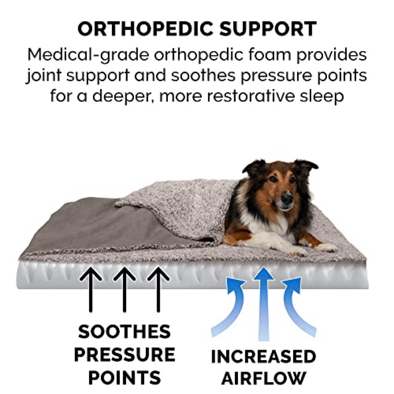 Furhaven 대형/중형견용 정형외과용 개 침대, 탈착식 세탁 가능 커버 포함, 최대 55파운드의 반려견용 - 베르베르 & 스웨이드 담요 상단 매트리스 - 회색, 대형