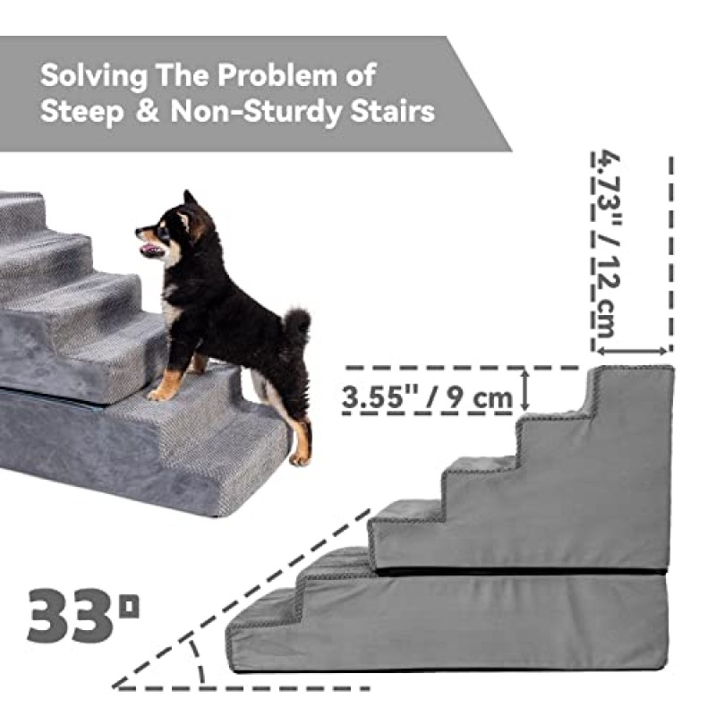작은 개를 위한 개 계단, 중간 밀도 폼이 있는 6단 애완 동물 계단 및 높은 침대 소파에 올라갈 수 있는 탈착식 커버, 고양이용 미끄럼 방지 강아지 계단, 16×30×20인치, 회색