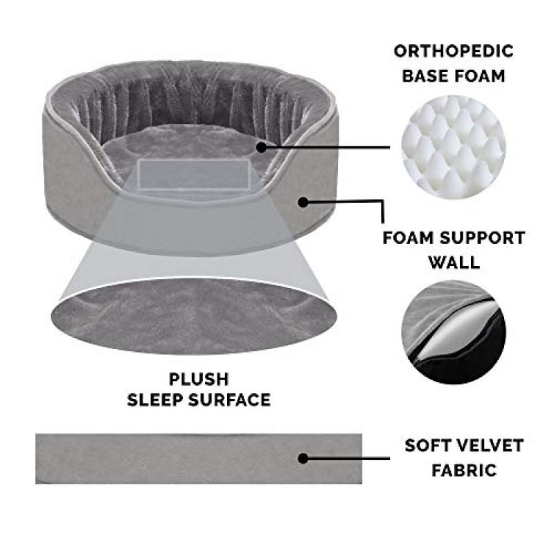 Furhaven 소형견용 정형외과용 개 침대(탈착식 세탁 가능 커버 포함), 최대 12파운드의 반려견용 - 플러시 & 벨벳 타원형 안락 의자 - 스모크 그레이, 소형