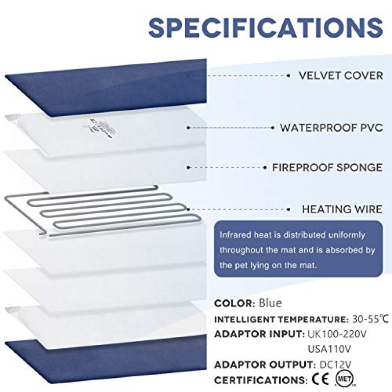 초대형 가열식 개 침대, 개용 전기 애완 동물 가열 패드 6 단계 타이머 및 온도가있는 고양이, 방수 안전 고양이 온난화 패드 실내, 대형 개용 킹 사이즈 가열 고양이 침대 매트