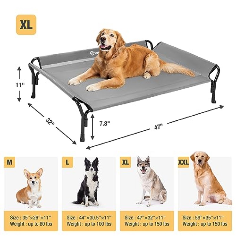 Veehoo 냉각 제기 개 침대, 난간 높은 개 침대, 세탁 및 통기성 테슬린 메쉬가 있는 씹지 않는 개 침대 프레임, 실내 및 실외용 미끄럼 방지 개 소파 침대 간이 침대, X 대형, 회색