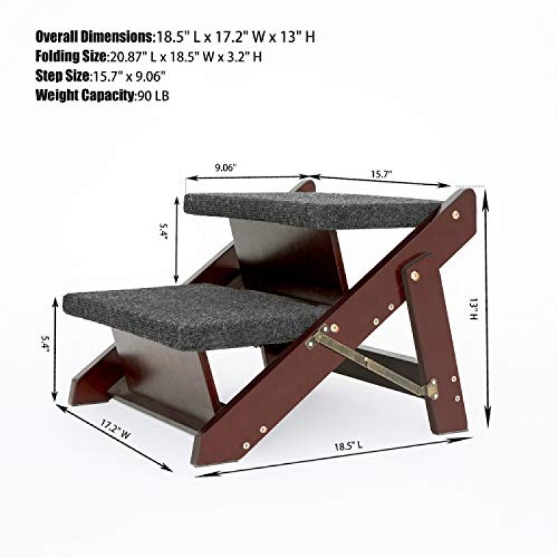 MEWANG 나무 애완동물 계단/애완동물 계단 - 침대 및 자동차용 2-in-1 접이식 계단 및 경사로 - 최대 110파운드의 휴대용 개/고양이 사다리