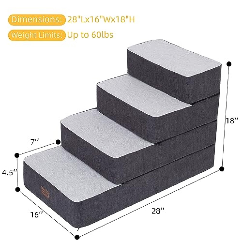 작은 개를 위한 Pettycare 개 계단, 높은 침대 소파 및 의자를 위한 스티칭 폼 애완 동물 계단, DIY 애완 동물 계단 대형 개와 고양이를 위한 미끄럼 방지 접이식 개 계단, 4단계, 회색