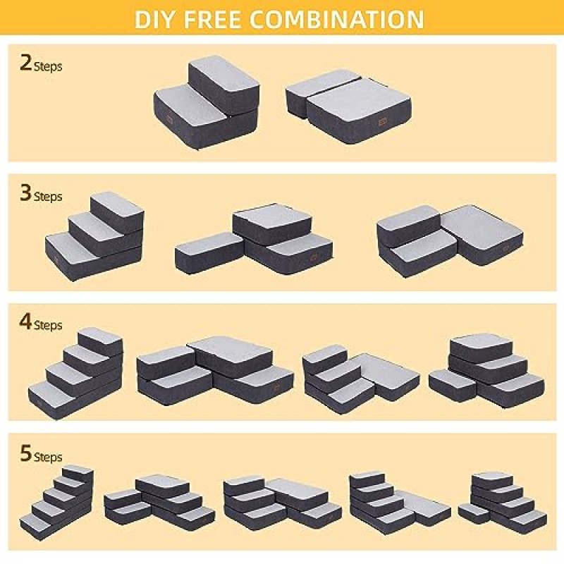 작은 개를 위한 Pettycare 개 계단, 높은 침대 소파 및 의자를 위한 스티칭 폼 애완 동물 계단, DIY 애완 동물 계단 대형 개와 고양이를 위한 미끄럼 방지 접이식 개 계단, 4단계, 회색