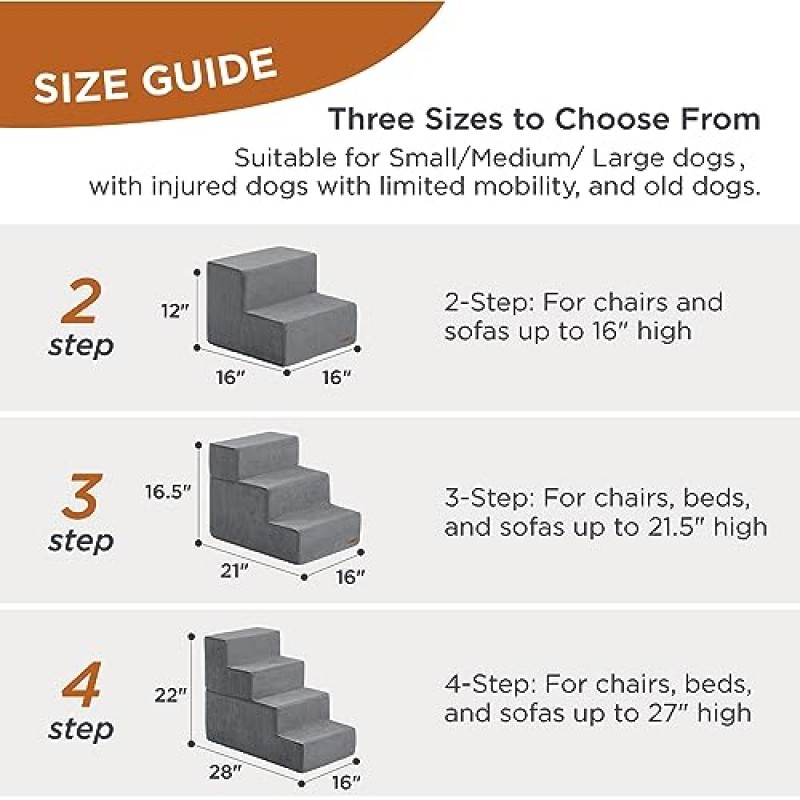 높은 침대용 Lesure 개 계단 - 대형/중형/소형견 및 늙은 고양이를 위한 매우 넓은 애완동물 계단, CertiPUR-US 인증 폼 및 미끄럼 방지 바닥이 있는 접이식 개 계단, 회색, 4단계