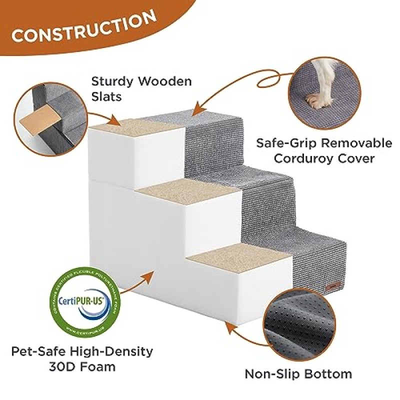 높은 침대용 Lesure 개 계단 - 대형/중형/소형견 및 늙은 고양이를 위한 매우 넓은 애완동물 계단, CertiPUR-US 인증 폼 및 미끄럼 방지 바닥이 있는 접이식 개 계단, 회색, 4단계