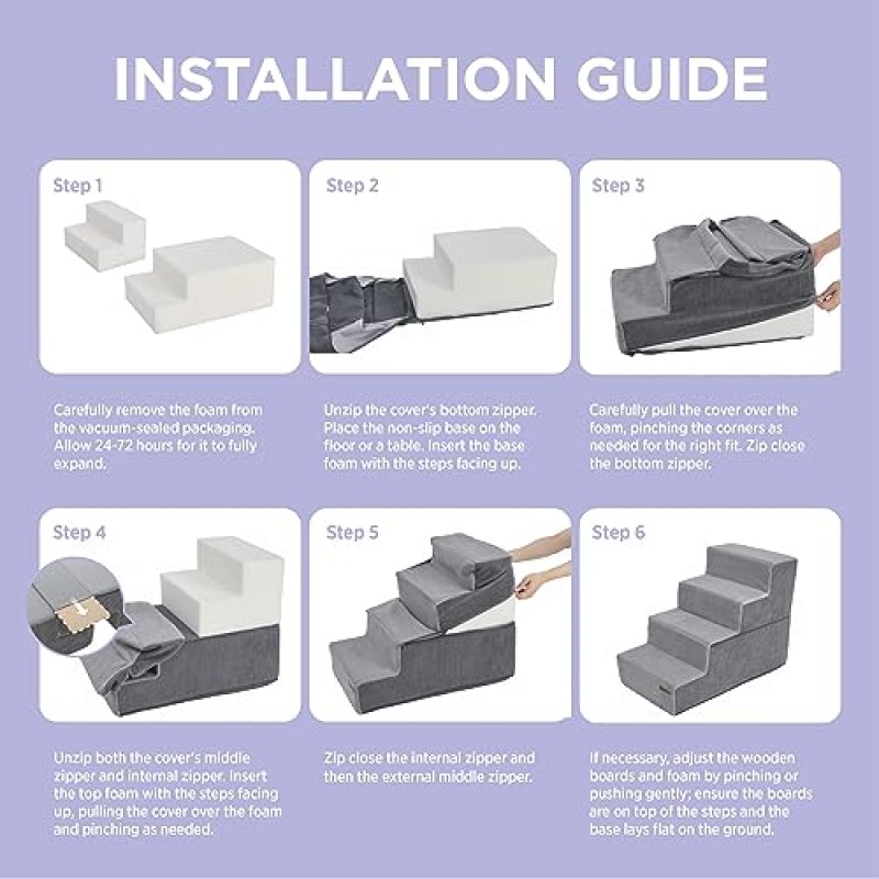 소형견용 Lesure 개 계단 - 높은 침대 및 소파용 애완동물 계단, 고양이 및 강아지용 CertiPUR-US 인증 폼이 있는 접이식 애완동물 계단, 미끄럼 방지 바닥 개 계단, 회색, 5단계