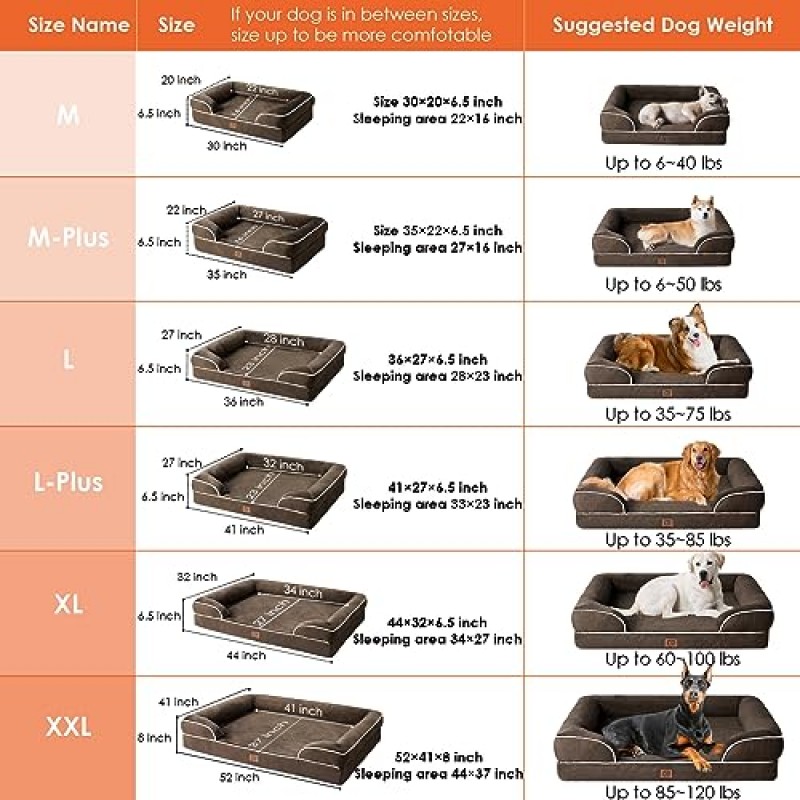 EHEYCIGA 초대형견용 정형외과용 개 침대, 측면이 있는 방수 메모리 폼 XL 개 침대, 미끄럼 방지 바닥 및 계란 상자 폼 세탁 가능한 탈착식 커버가 있는 대형견 소파 침대, 브라운