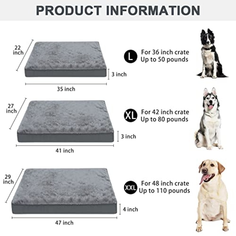 정형외과 개 침대 방수 디럭스 플러시 개 침대(탈착식 세척 가능 커버 포함) 미끄럼 방지 바닥 애완 동물 슬리핑 매트리스(대형, 중형, 점보, 소형견, 47 x 29 인치, 회색)