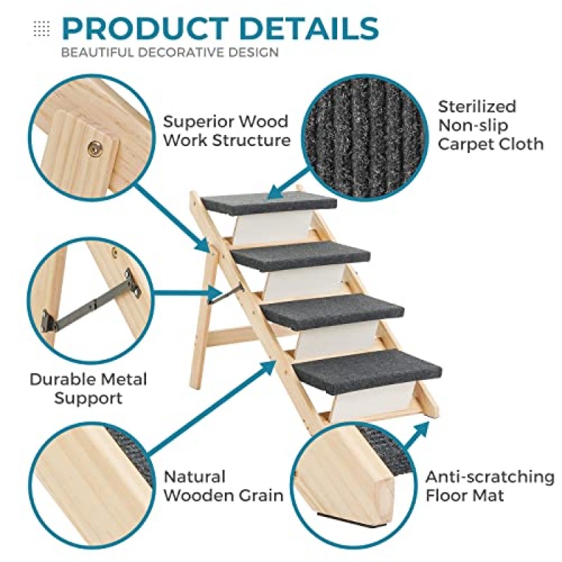 모든 개와 고양이를 위한 SweetBin 목재 애완동물 계단/애완동물 계단 - 침대와 자동차에 적합한 2-in-1 접이식 카펫 3단 개 계단 및 경사로 - 최대 150파운드의 휴대용 개/고양이 사다리