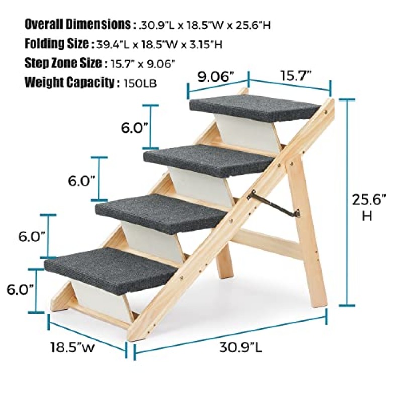 모든 개와 고양이를 위한 SweetBin 목재 애완동물 계단/애완동물 계단 - 침대와 자동차에 적합한 2-in-1 접이식 카펫 3단 개 계단 및 경사로 - 최대 150파운드의 휴대용 개/고양이 사다리
