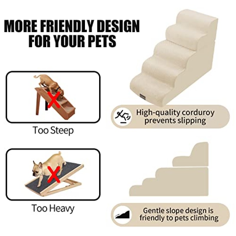 개 계단, 세척 가능한 커버가 있는 분리형 애완동물 계단, 침대용 23.6인치 하이폼 개 경사로, 작은 개를 위한 미끄럼 방지 애완동물 계단, 고양이가 높은 침대에 올라갈 수 있음, 소파, 소파(5단계, 베이지)