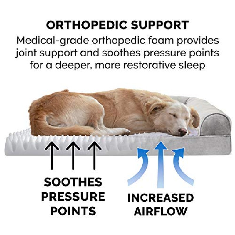 Furhaven 대형견용 정형외과용 개 침대, 탈착식 볼스터 및 세탁 가능 커버 포함, 최대 95파운드의 반려견용 - 인조 모피 및 벨벳 소파 - 스모크 그레이, 점보/XL
