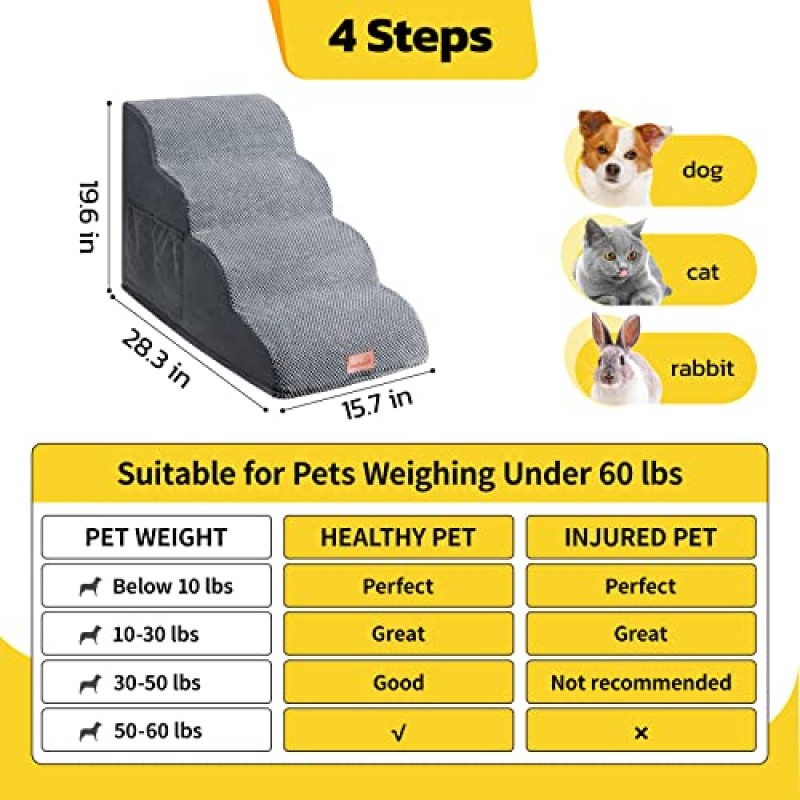 LOOBANI 개 계단, 침대용 4단계 소프트 폼 개 계단, 위아래로 쉽게 움직일 수 있는 주머니가 있는 미끄럼 방지 튼튼한 애완 동물 계단, 작은 개, 나이든 애완 동물을 위한 개 경사로 - 회색 4단