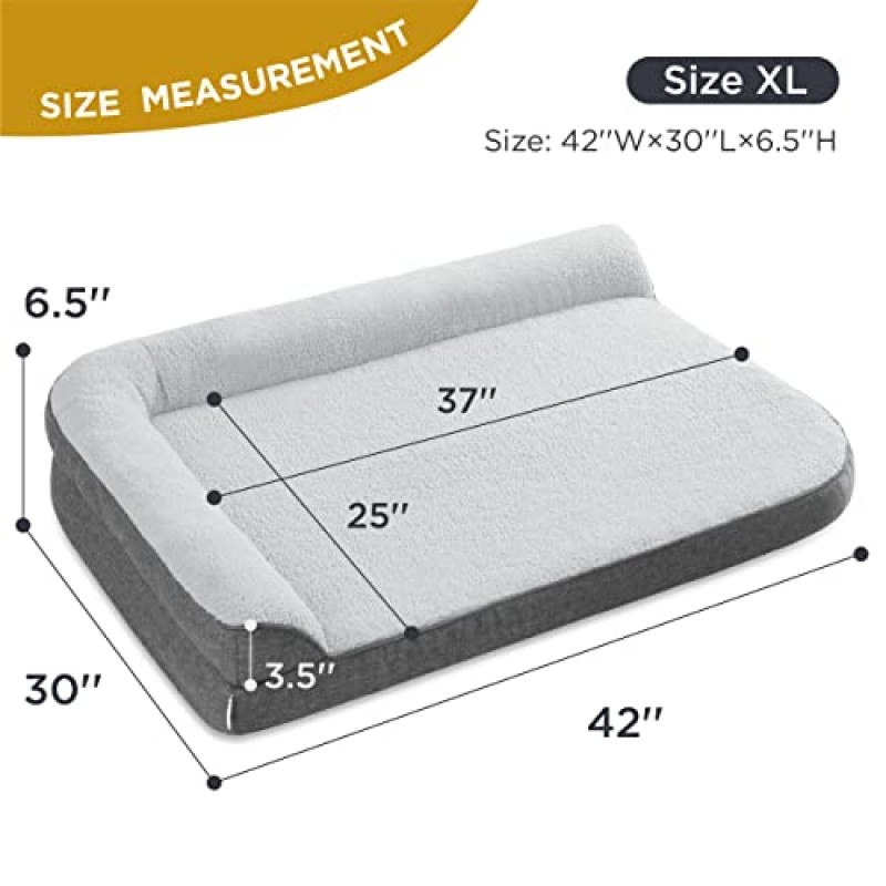 초대형견용 Lesure 정형외과용 개 침대 - 방수 라이너 및 탈착식 커버가 있는 XL 세탁 가능 개 침대 - 아늑한 인조 모피 린넨 원단이 있는 L 긴 의자 애완 동물 침대, 42x30인치, 회색