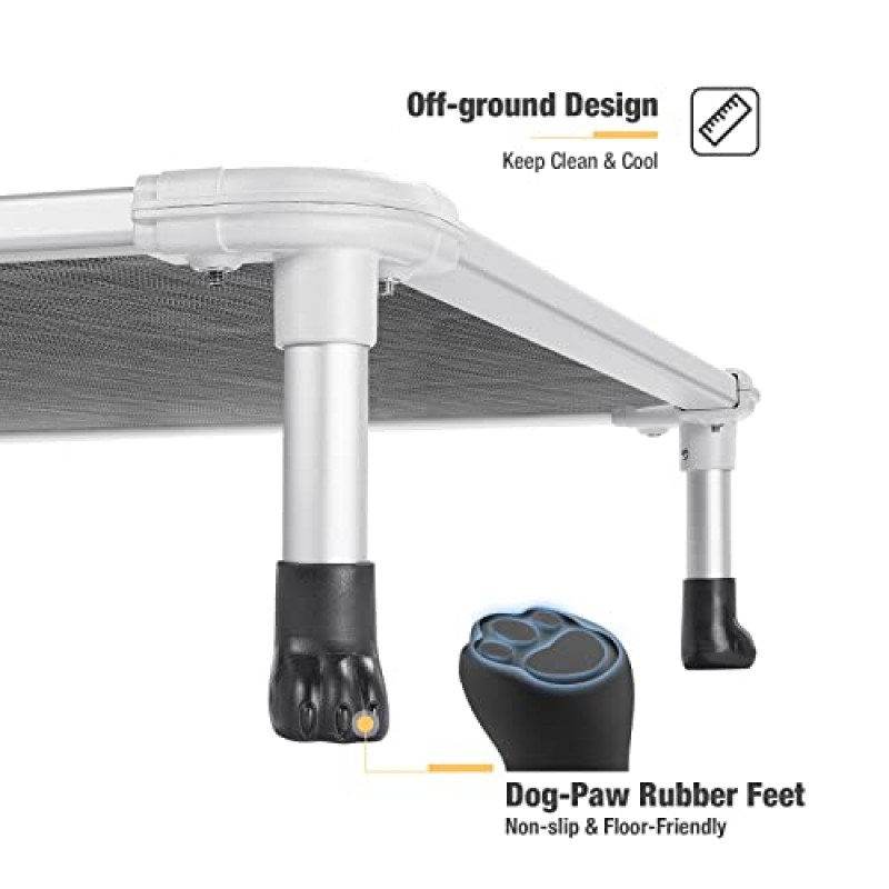 Veehoo 씹을 수 없는 높은 개 침대 - 냉각된 높은 애완동물 침대 - 실버 알루미늄 프레임 및 내구성이 뛰어난 직물 메쉬 패브릭, 실내 또는 실외 사용을 위한 독특한 디자인의 미끄럼 방지 피트, 블랙 실버, X 대형