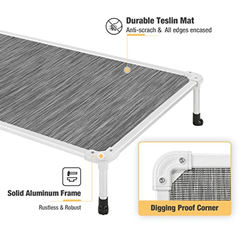 Veehoo 씹을 수 없는 높은 개 침대 - 냉각된 높은 애완동물 침대 - 실버 알루미늄 프레임 및 내구성이 뛰어난 직물 메쉬 패브릭, 실내 또는 실외 사용을 위한 독특한 디자인의 미끄럼 방지 피트, 블랙 실버, X 대형