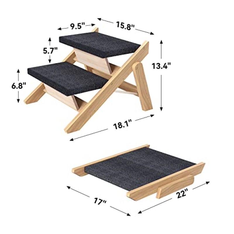 RunLexi 애완동물 계단/계단, 높은 침대용 소형견 계단, 소파, 소파, 자동차, 미끄럼 방지 패드가 있는 2-in-1 접이식 나무 개 경사로, 안전, 내구성이 뛰어난 휴대용 개/고양이 사다리 최대 110파운드, 2단계
