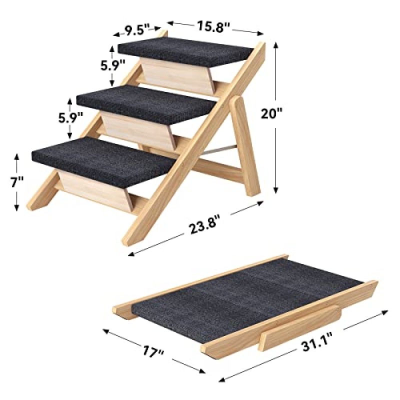 RunLexi 애완동물 계단/계단, 높은 침대용 중형견 계단, 소파, 소파, 자동차, 미끄럼 방지 패드가 있는 2-in-1 접이식 나무 개 경사로, 안전, 내구성이 뛰어난 휴대용 개/고양이 사다리 최대 110파운드, 3단계