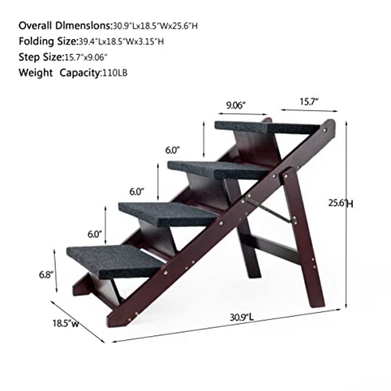 MEWANG 나무 애완동물 계단/애완동물 계단 - 침대 및 차량용 2-in-1 접이식 계단 및 경사로 - 최대 110파운드의 휴대용 개/고양이 사다리 - 소형 및 노령 동물에게 적합(갈색)