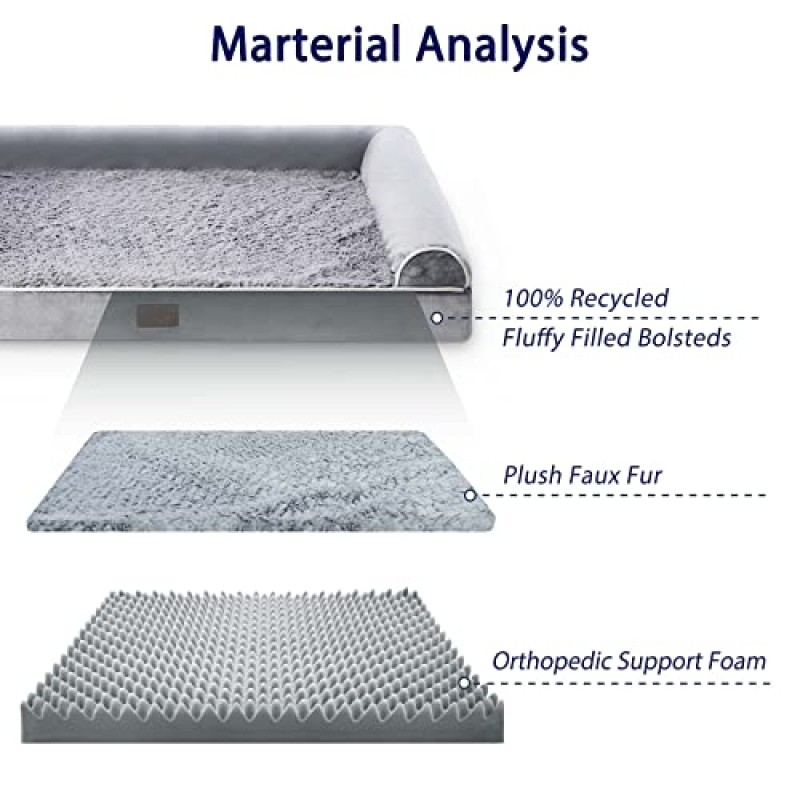 WESTERN HOME 대형/초대형 개용 대형 정형외과 개 침대, 계란 상자 폼 방수 세탁 가능 커버가 있는 대형 애완 동물 침대 인조 모피 벨벳 소파 개 침대, 회색