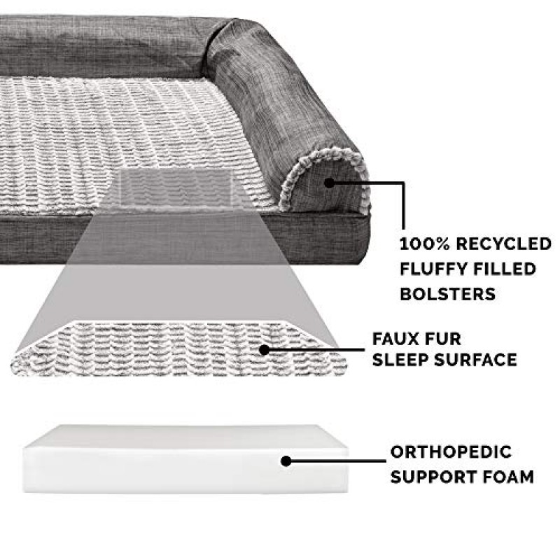 Furhaven 대형견용 정형외과용 개 침대, 탈착식 볼스터 및 세탁 가능 커버 포함, 최대 125파운드의 반려견용 - Luxe 인조 모피 및 퍼포먼스 린넨 소파 - 차콜, 점보 플러스/XXL