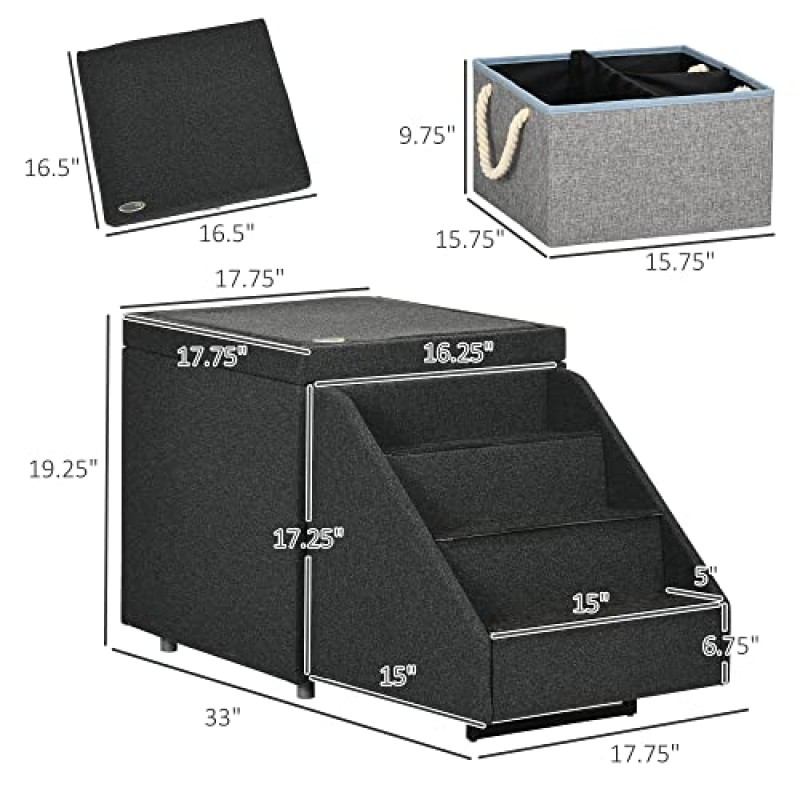PawHut 침대용 2-in-1 고양이 및 개 계단, 거실 보관함 및 발판, 소형 및 중형견을 위한 고양이 및 개 계단, 애완동물 계단 보관함 오토만, 늙은 고양이와 대형 고양이를 위한 고양이 계단, 회색