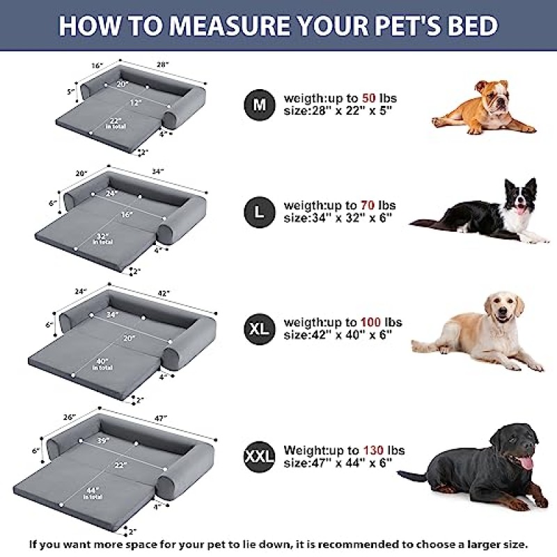 대형견용 WNPETHOME 정형외과용 개 소파, 접이식 폼 애완동물 매트가 있는 초대형 방수 개 소파 침대, 탈착식 세척 가능한 개 소파 침대 커버 및 미끄럼 방지 바닥, 측면 베개가 있는 XXL 개 침대