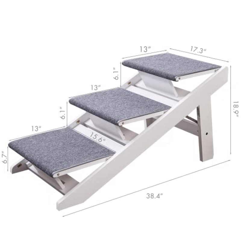 PAWLAND 휴대용 나무 개 계단, 개, 고양이, 높은 침대용 접이식 애완 동물 계단, 개 램프 옆의 목재 애완 동물 안전, 쉬운 등반 애완 동물 계단 의자 (흰색)