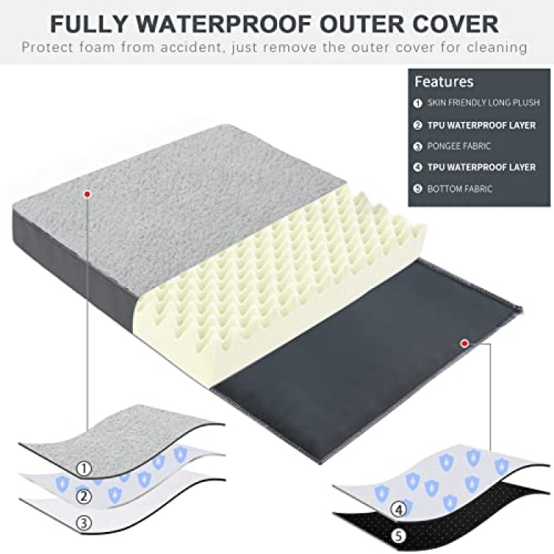 MIHIKK 정형외과 개 침대 이동식 세탁 가능 커버가 있는 방수 개 침대 대형, 점보, 중형 개, 회색, 54 x 44 인치를 위한 미끄럼 방지 계란 폼 애완 동물 슬리핑 매트리스