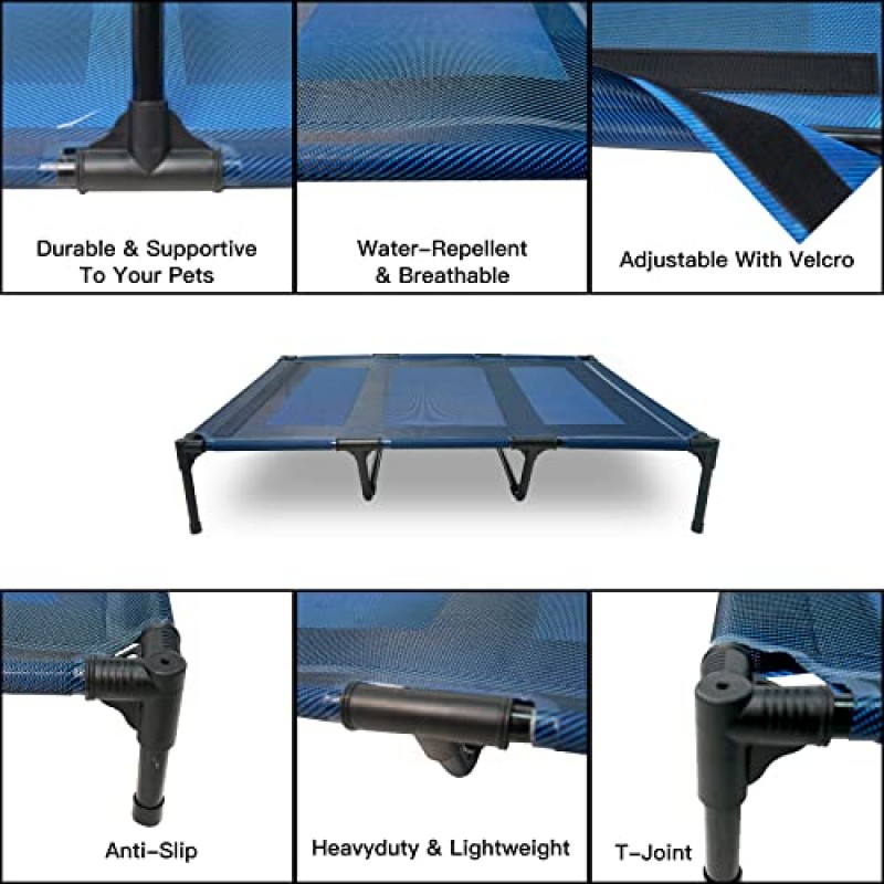 Fuzzywoozy 높은 개 침대, 미끄러짐 방지 발이 있는 실외 높이 개 침대, 최대 50/70/150파운드의 애완동물(특대형, 파란색)