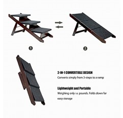 MEWANG 자이언트 나무 애완동물 계단/애완동물 계단 - 2-in-1 접이식 3레벨 침대 및 자동차용 부드러운 개 계단 및 경사로 - 쉽게 오르기 애완동물 계단 의자 - 최대 150파운드의 휴대용 개/고양이 사다리(갈색)