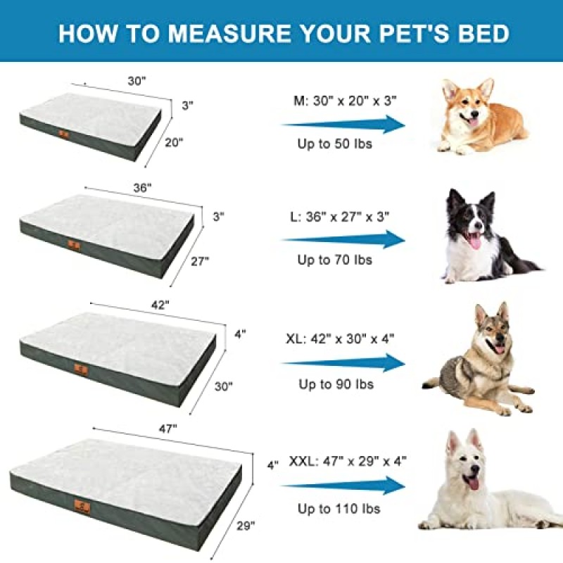 HNUOUNH 정형외과용 개 침대, 중형, 대형 및 초대형 개용 방수 개 침대, 세척 가능한 탈착식 커버와 미끄럼 방지 바닥이 있는 계란 폼 애완 동물 침대, 회색 XXL(47 x 29 x 4인치)