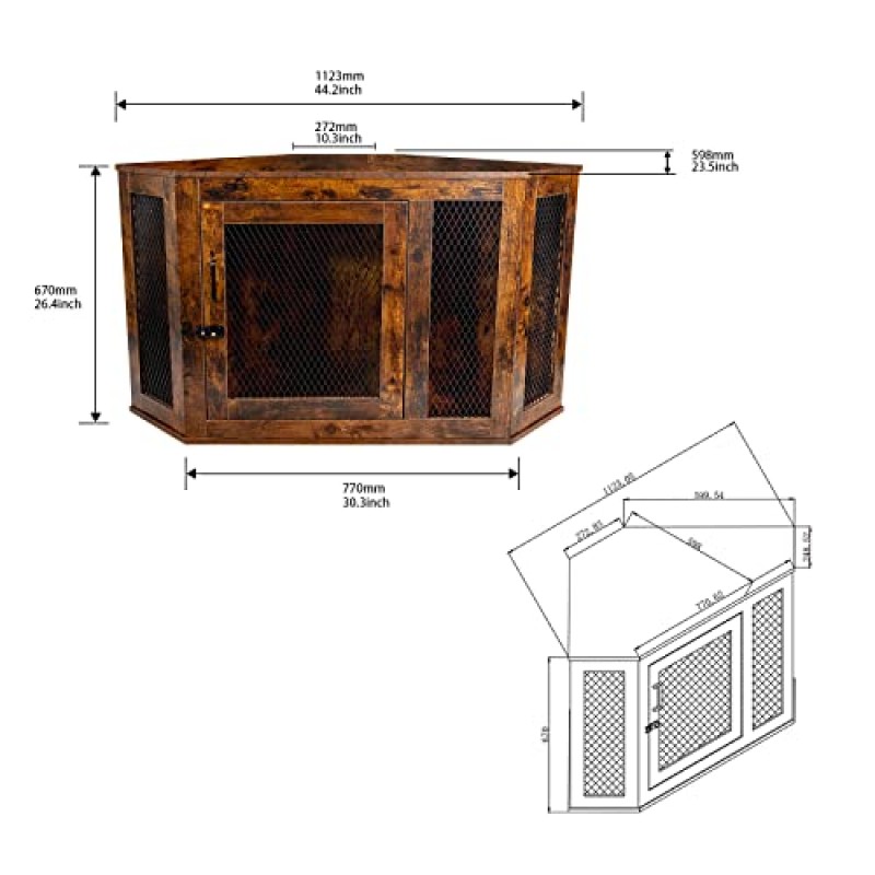 Jinruis 가구 코너 개 상자, 문이 있는 나무 개 개집, 엔드 테이블 대형 애완 동물 상자 개집 케이지 실내 사용(갈색)