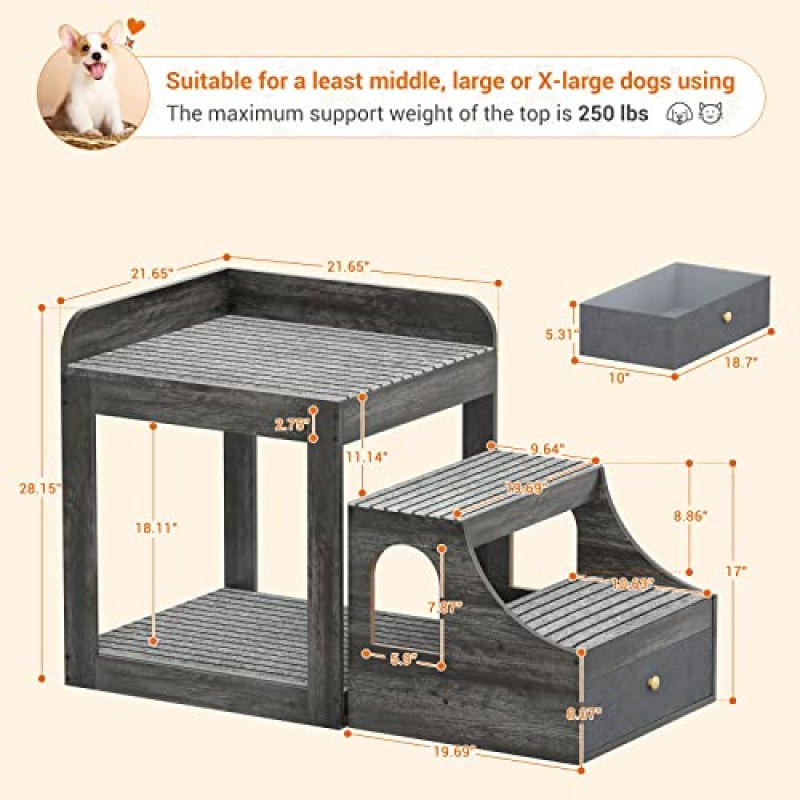 계단이 있는 Cyclysio 애완 동물 창 농어, 고양이용 초대형 애완 동물 이층 침대, 매트가 있는 다단계 애완 동물 시트 플랫폼, 침대 옆 서랍이 있는 애완 동물 침대 소파, 가정용, 실내 사용, 대형, 회색