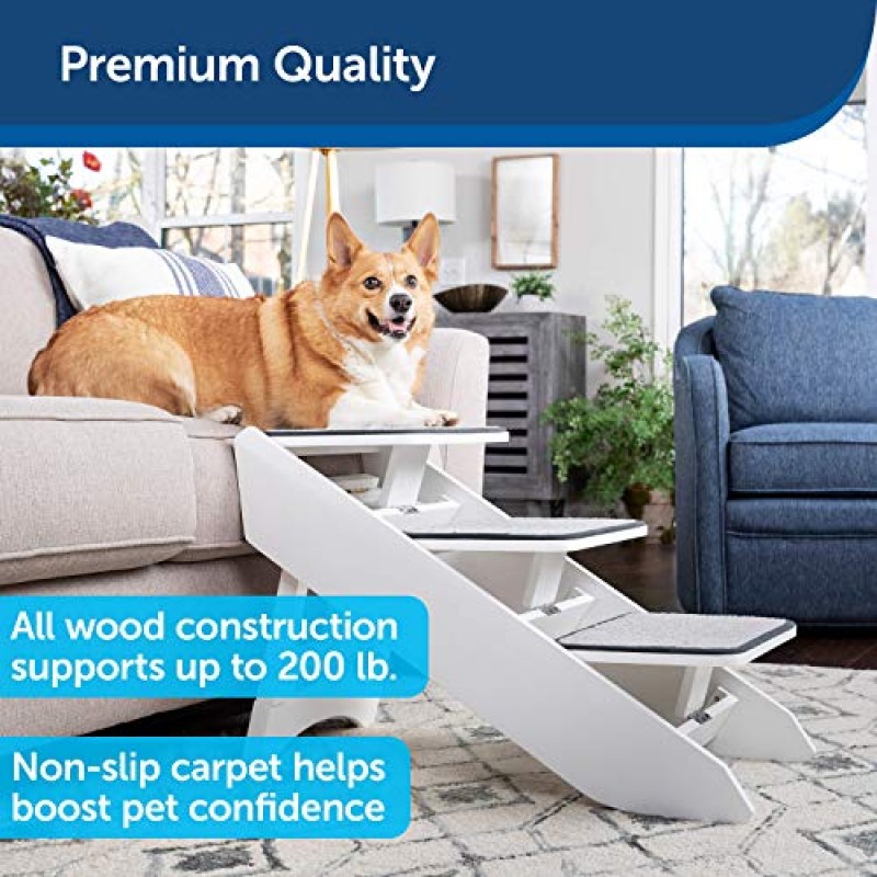 PetSafe CozyUp Steps & Ramp Combo – 높은 침대를 위한 변형 가능한 프리미엄 목재 개 계단 – 계단 또는 경사로 중에서 선택 – 애완동물이 좋아하는 장소에 접근 가능 – 최대 200lbs 지원, 흰색