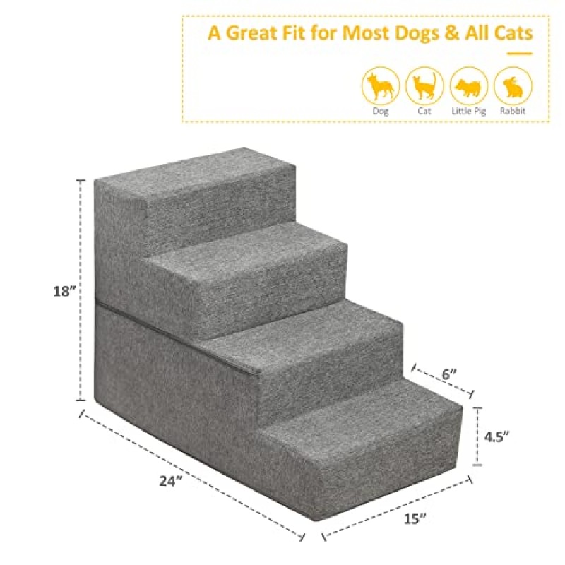 스테드 개 계단, 애완 동물 계단 4단계, 높은 침대 소파용 고밀도 폼 개 계단, 판지가 있는 미끄럼 방지 접이식 애완 동물 계단, 탈착식 세탁 가능 커버, 부상당한 노령견 소형 개 고양이에 이상적, 회색