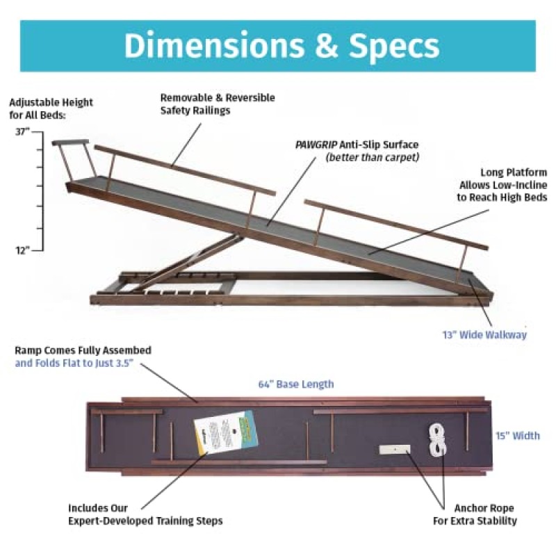 DoggoRamps 침대용 경사로 - 견고한 견목 - 낮은 경사, 안전 레일 및 미끄럼 방지 그립이 있는 최대 37인치 높이의 침대까지 조절 가능, 최대 50파운드의 소형견용 - 북미산