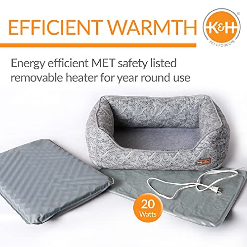K&H Pet Products 열수 볼스터 가열식 정형외과용 개 침대 회색 소형 17 X 20인치