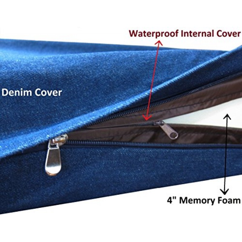 Dogbed4less 내구성 정형외과 메모리폼 애완동물 침대(방수 내부 케이스 포함) + 중형 대형견용 세탁 가능한 데님 외부 커버 2개